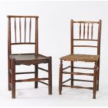 Two 19th Century country made chairs, the first in elm with a top rail above turned spindles and