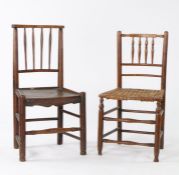 Two 19th Century country made chairs, the first in elm with a top rail above turned spindles and