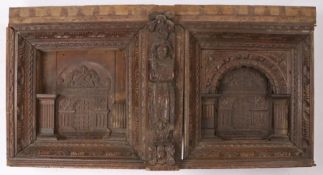 James I Oak overmantel/ Bed Headboard, English, circa 1620, having twin deeply recessed panels