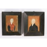 Pair of 19th century naïve pictures, circa 1836, of an austere lady and gentleman in portrait, the