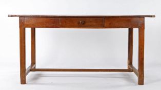 A fruitwood farmhouse-type table, circa 1800, the boarded end-cleated top above a plain frieze