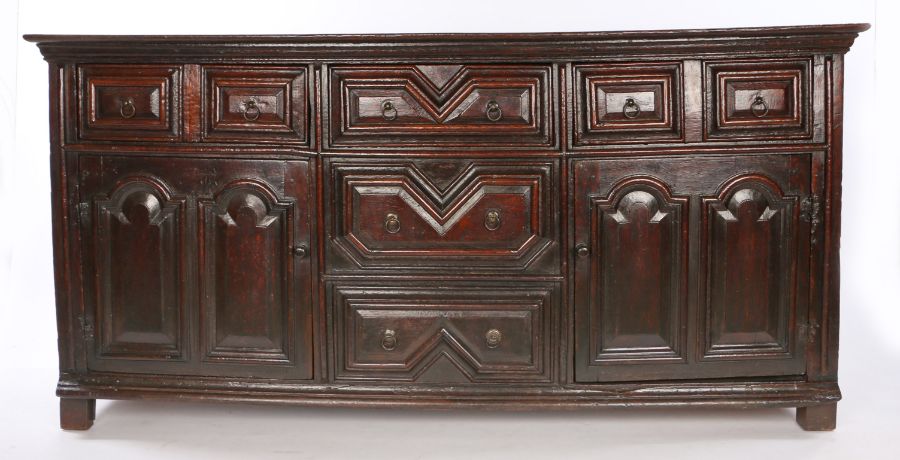 Charles II / William & Mary Oak & Elm Cupboard Dresser, English, circa 1670 – 1690, the plank top