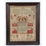 William IV 19th Century sampler, titled Friendship with a poem above a scene depicting an elderly