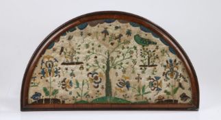 Charles II beadwork and silk panel, late 17th Century, the arched panel with a central green tree