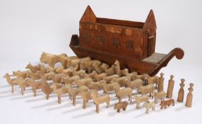 Early 20th Century Folk Art Noah's Ark, the unpainted Ark (lacking the lid) with four windows to