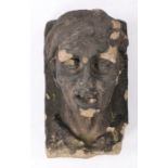 18th Century sandstone figure corbel, carved as a man with headwear and mouth slightly open, 28cm