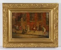 19th Century British school, Children playing in the street, unsigned oil on canvas, 34cm x 23cm