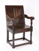 Charles I oak double panel-back open armchair, English or Welsh, circa 1640, the back with two