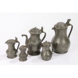 Pewter, to include a 19th Century Dutch jug, two small lidded flagons, a lidded jug and a lidded