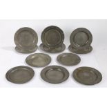 Pewter, to include a set of three 18th Century dishes, together with a collection of single 18th and