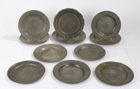 Pewter, to include a set of three 18th Century dishes, together with a collection of single 18th and