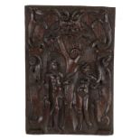 Circa 1600 oak panel, carved with Adam and Eve under the forbidden tree with a snake coiled