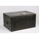 19th Century black painted tin Marriage box, the rectangular box with a drop front and the text