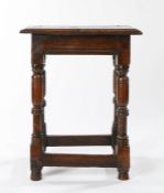 Charles I oak joint stool, circa 1630, having a deep ovolo-moulded edge top, edge-moulded rails, and