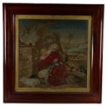 19th Century woolwork picture, biblical scene depicting a bearded man embracing a young lady as they