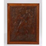 18th Century carved palm wood panel, the carved panel depicting a hunter about to fire a cross