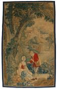 Section of 18th Century French wall hanging tapestry, a couple under a large tree with a dog resting