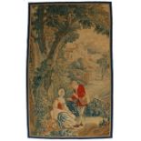 Section of 18th Century French wall hanging tapestry, a couple under a large tree with a dog resting