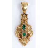 George III emerald and diamond set pendant, the loop to the top of the pendant above a scroll body