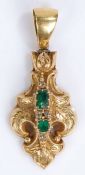 George III emerald and diamond set pendant, the loop to the top of the pendant above a scroll body