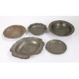 Pewter, to include an 18th Century French pewter dish with fleur de lis mark, a French Barbers bowl,