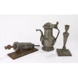 Pewter, to include a 19th Century coffee pot, a single candlestick and a 19th Century enema syringe,