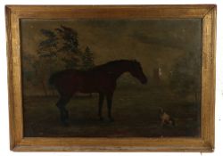 19th Century British Primitive school, a bay coloured horse with a seated terrier in a field with