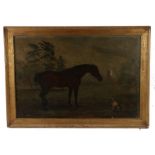 19th Century British Primitive school, a bay coloured horse with a seated terrier in a field with