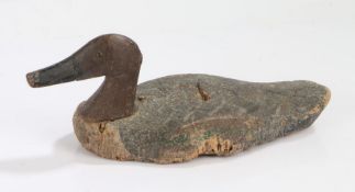 Decoy duck, with a red and black painted head above the painted body, the underside with a lead