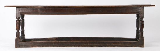 Charles II joined oak form or long bench, circa 1630, the single seat board, run moulded rails on