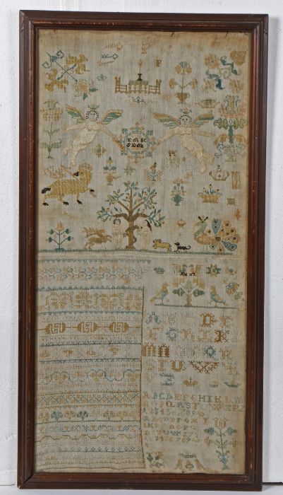 18th Century band type sampler, the wide sampler with a pair of angels holding a panel with initials