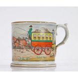 19th Century Staffordshire mug, polychrome decorated with a continuous picture of a stagecoach and