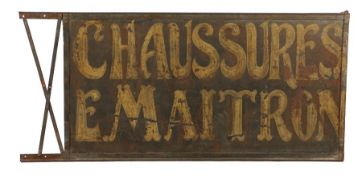 France, a large double sided metal hand painted shoe shop sign, with the lettering CHAUSSURES E