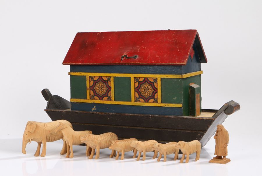 Early 20th Century Noah's Ark, the red painted hinged roof above a polychrome painted ark, with