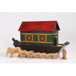 Early 20th Century Noah's Ark, the red painted hinged roof above a polychrome painted ark, with