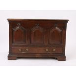18th Century oak coffer bach, the detachable rectangular top above three fielded arched panels to