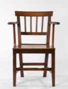 19th Century Suffolk oak and elm armchair, the bar back with uprights above the solid seat flanked