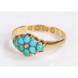 Victorian 18 carat turquoise set ring, assayed for Birmingham 1878, the central rose cut diamond