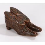 Rare dated 19th Century treen dual shoe snuff, the pair of shoes with a pique work and carved