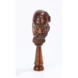 18th Century English yew wood grotesque face nutcracker, the face of a grumpy man with night cap,