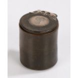 19th Century leather and white metal Scottish snuff box, the cylinder body with a hinged lid and a