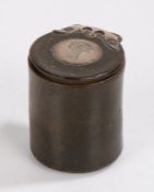 19th Century leather and white metal Scottish snuff box, the cylinder body with a hinged lid and a