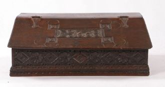 Charles II boarded oak desk box, 17th Century, with sloped lid inscribed 'EST1668', above a frieze