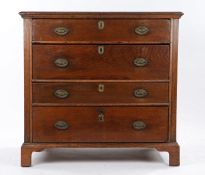 18th Century oak chest of drawers, the rectangular top above four long drawers on bracket feet, 91cm