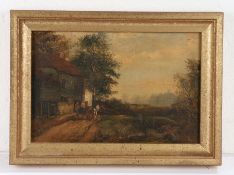 19th Century primitive school a wagon and two figures by a building, unsigned oil on canvas, 29cm