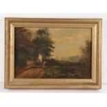 19th Century primitive school a wagon and two figures by a building, unsigned oil on canvas, 29cm