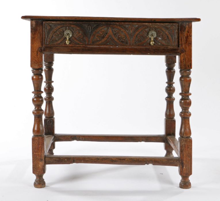 Charles II side table, circa 1670 and later the rectangular top with two planks and charming spliced