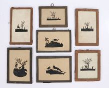 Collection of seven cut paper silhouette pictures, depicting various scenes of hunting and