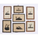 Collection of seven cut paper silhouette pictures, depicting various scenes of hunting and