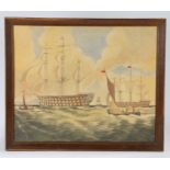 19th Century Primitive school painting, of galleons at sea and smaller boats nearby, initials to the